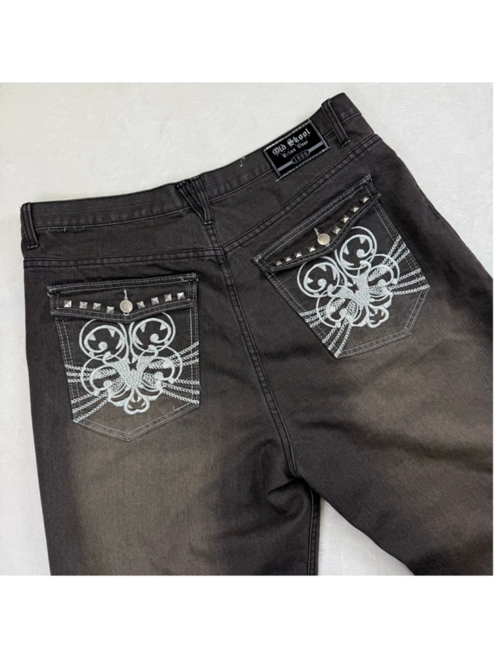 Men's Y2K Old Skool Gray Jeans with White Embroidery Urban Wear Grunge 38x33‎